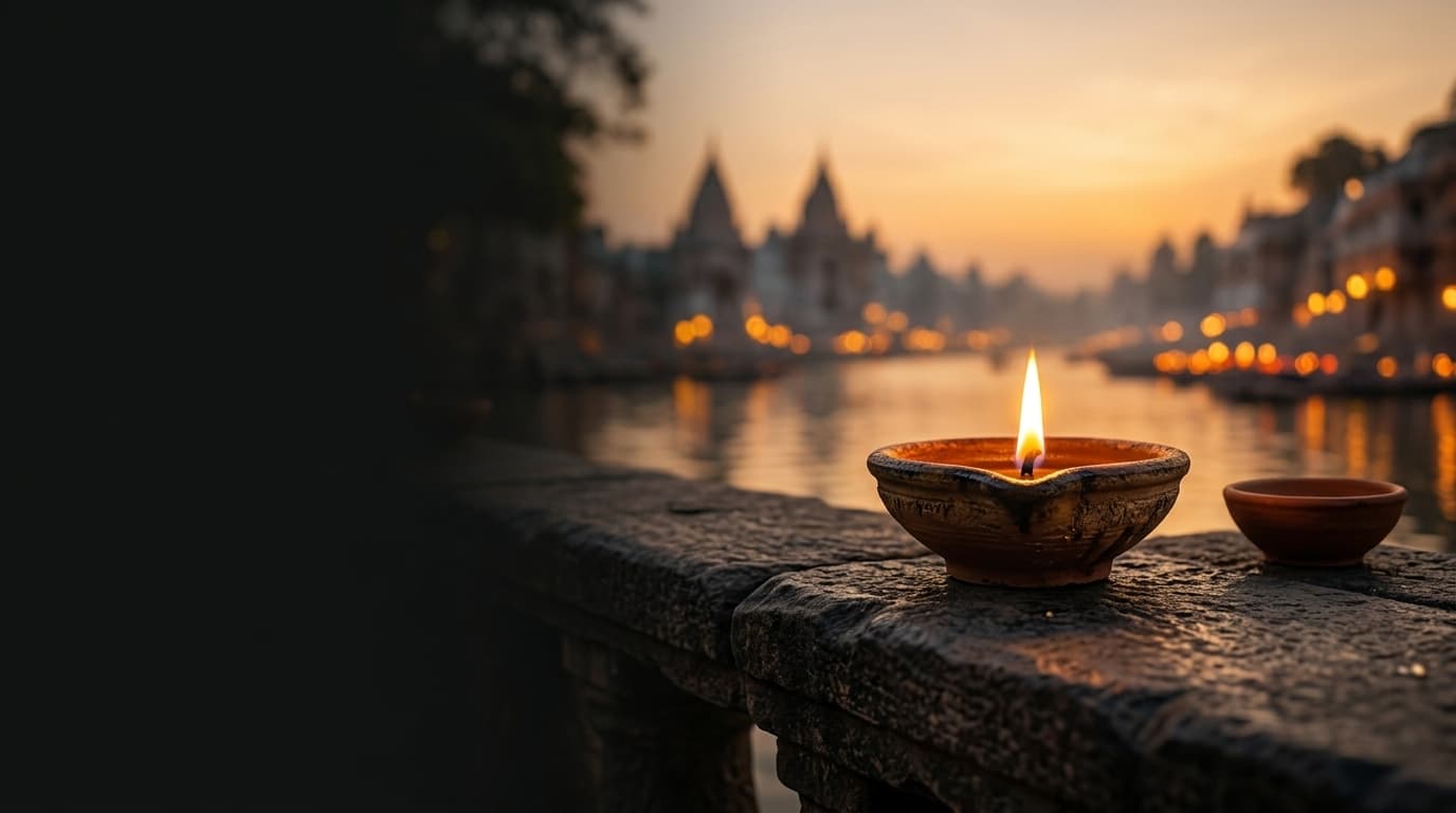 A diya beside the Ganges at dusk in Varanasi