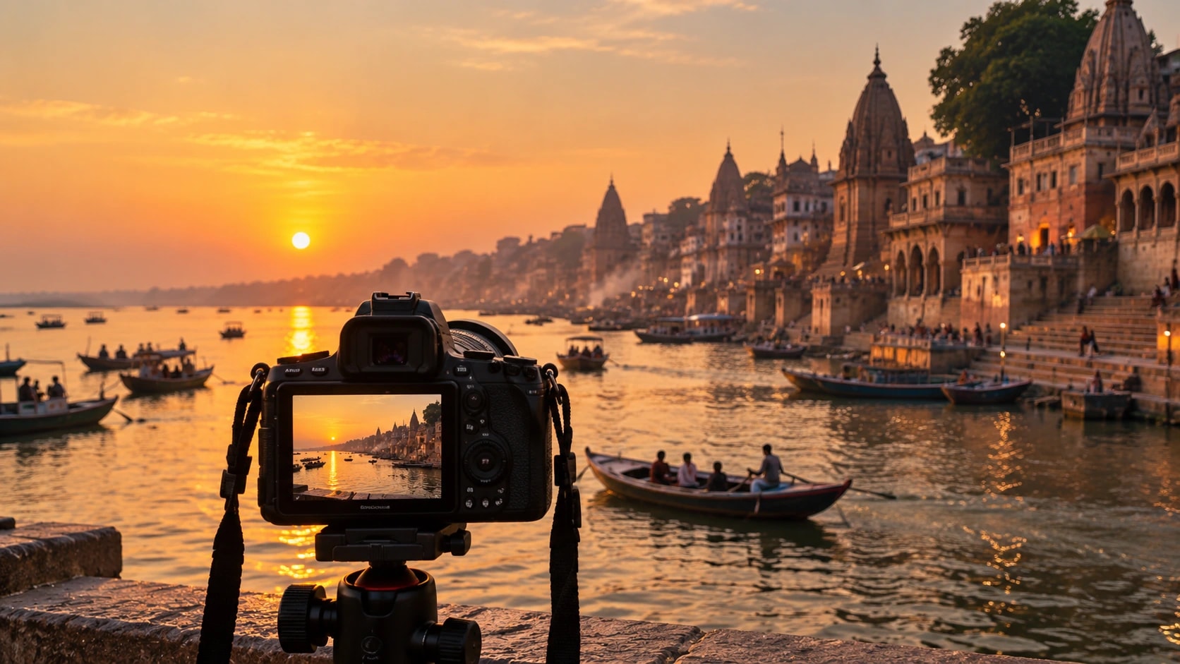 Woman photographer on wooden boat with camera framed against the golden sunset over the Ganga