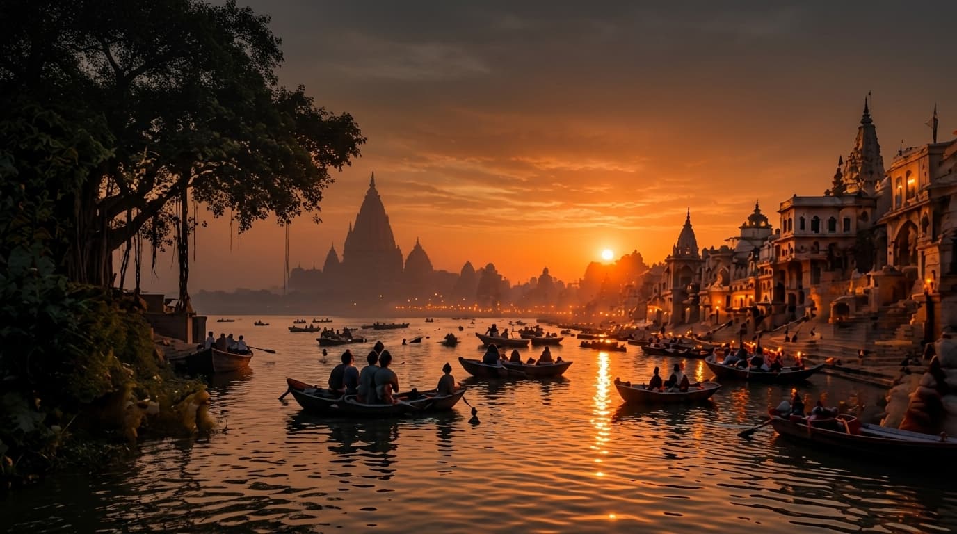 Sunset over the ancient ghats of Varanasi and river Ganga